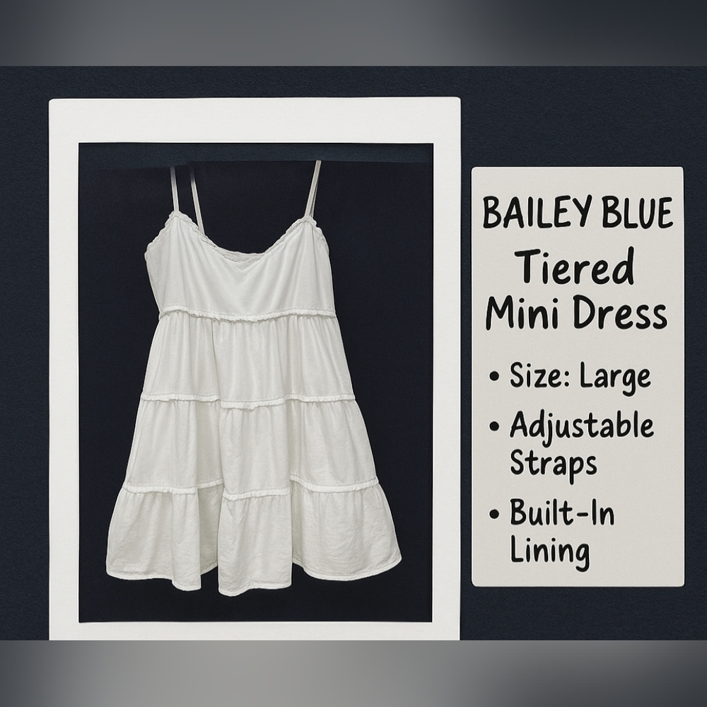 White Tiered Mini Dress | Size L | Adjustable Straps (Bailey Blue)